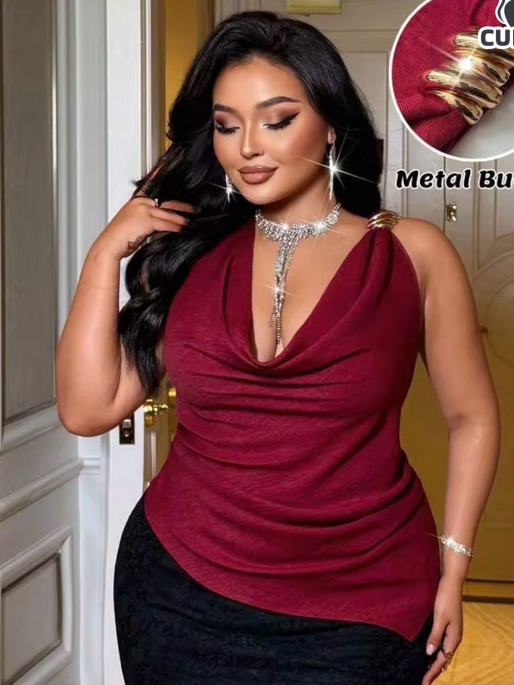 SHEIN Burgundy Cowl Neck Sleeveless Top with Metal Shoulder Detail